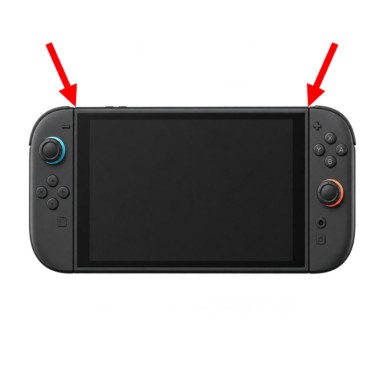 Nintendo Switch 2 with red arrows marking the left and right Joy-Con attachment connectors