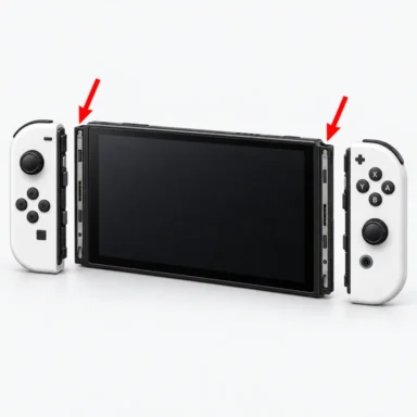 Nintendo Switch OLED with detached white Joy-Cons and red arrows pointing to the left and right console rails